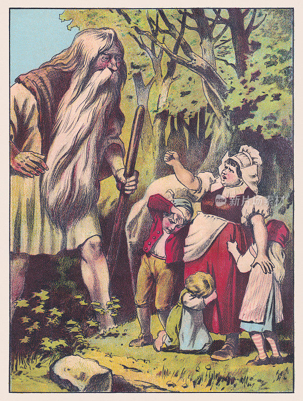 Rübezahl frightens a mother with her children, chromollithograph, published ca.1895